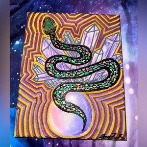 Original painting with a genuine crystal (green aventurine) as snake head